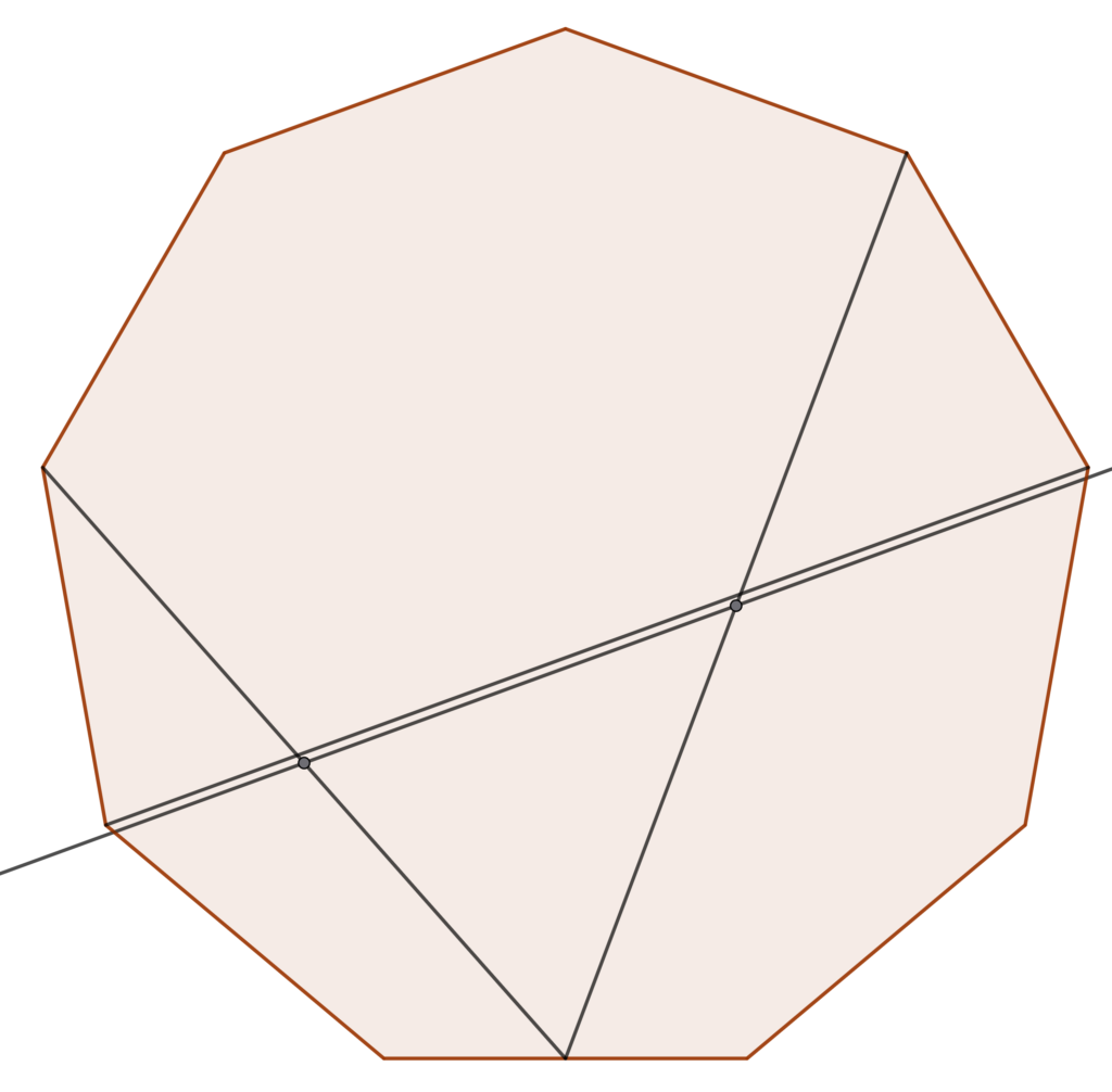 Point M is the midpoint of edge AB of a regular nonagon. Two chords MD and MI are drawn from M to vertices D and I respectively. A line is drawn through the midpoint of these chords. It is parallel to the diagonal DI of the nonagon and close to it, but just a little further from the centre of the nonagon.